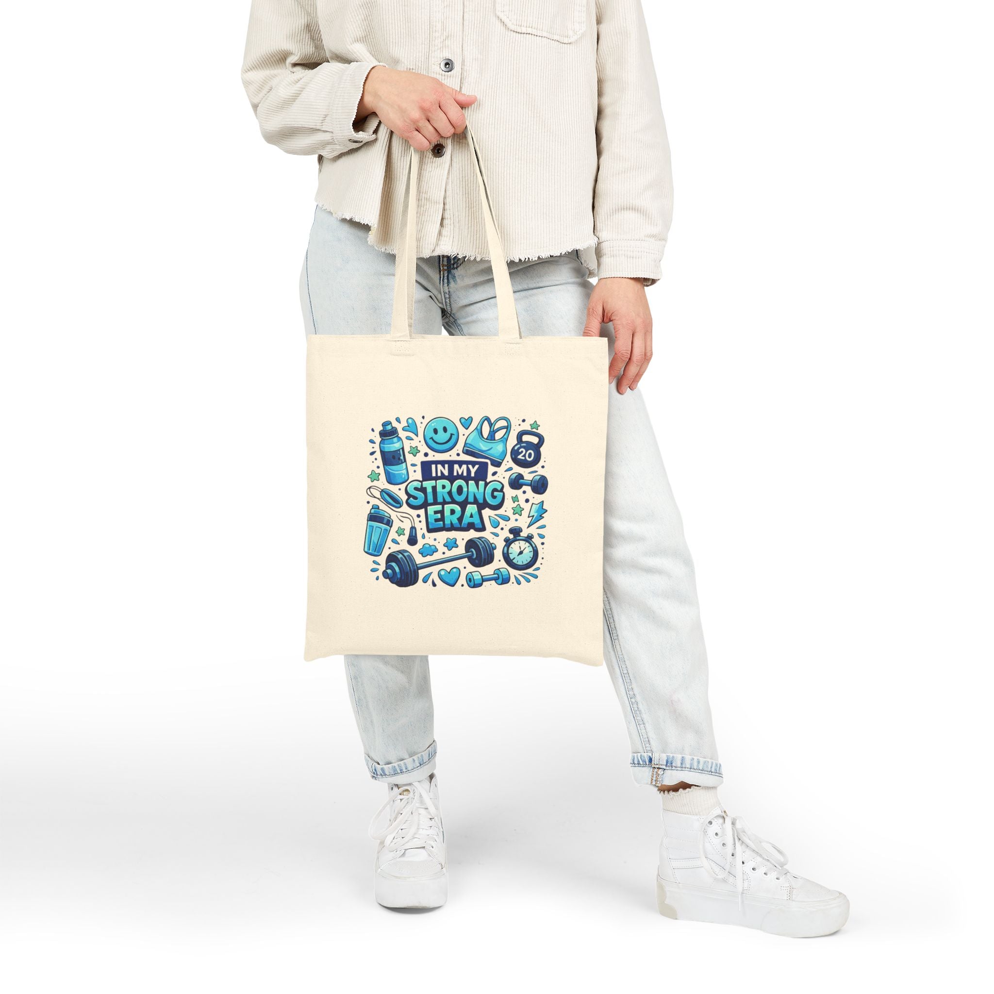 In My Strong Era Tote Bag | Fitness Dumbbell Kettlebell Water Bottle Design