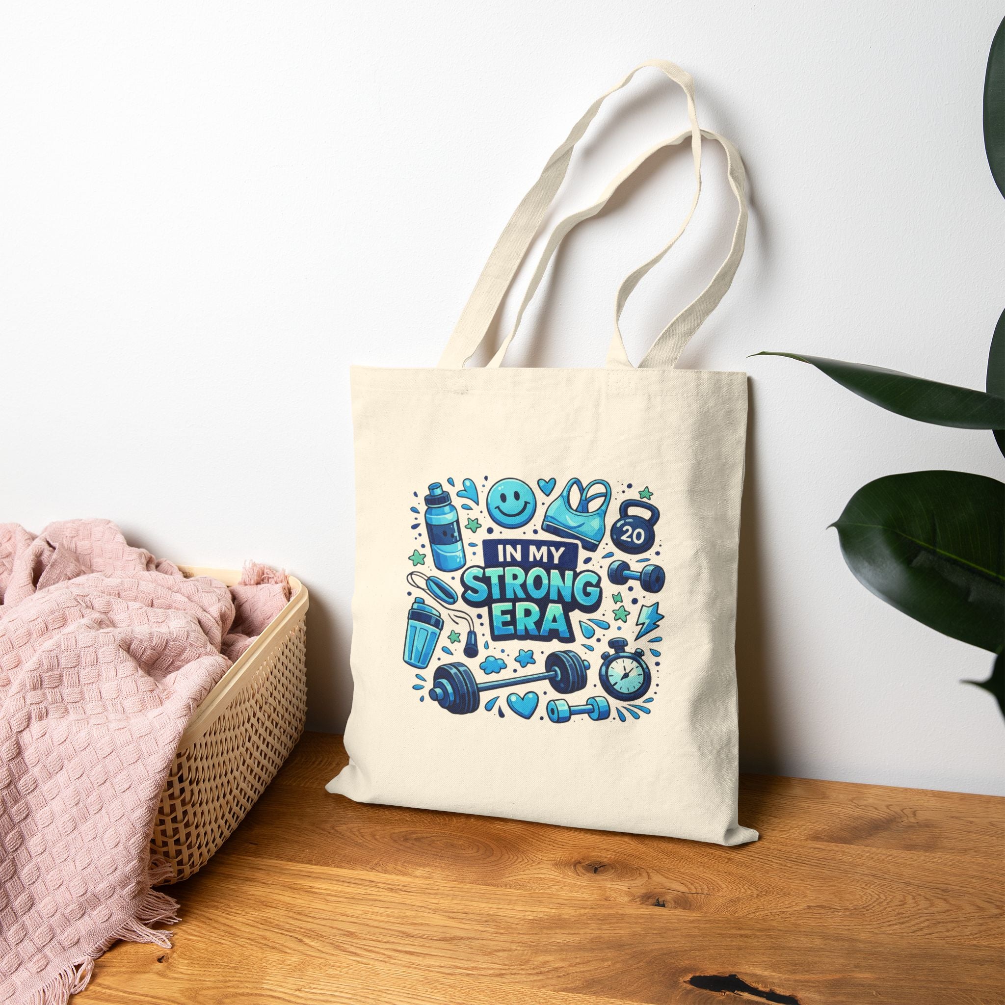 In My Strong Era Tote Bag | Fitness Dumbbell Kettlebell Water Bottle Design